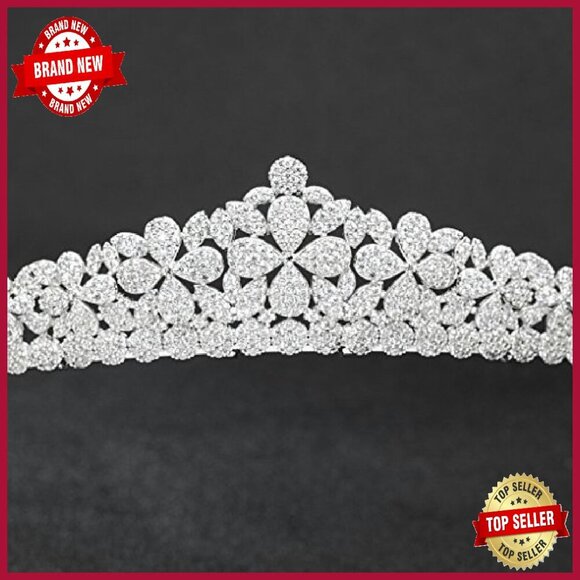 Platinum Plated Copper Wedding Tiara Crown with CZ Flowers - Picture 5 of 8